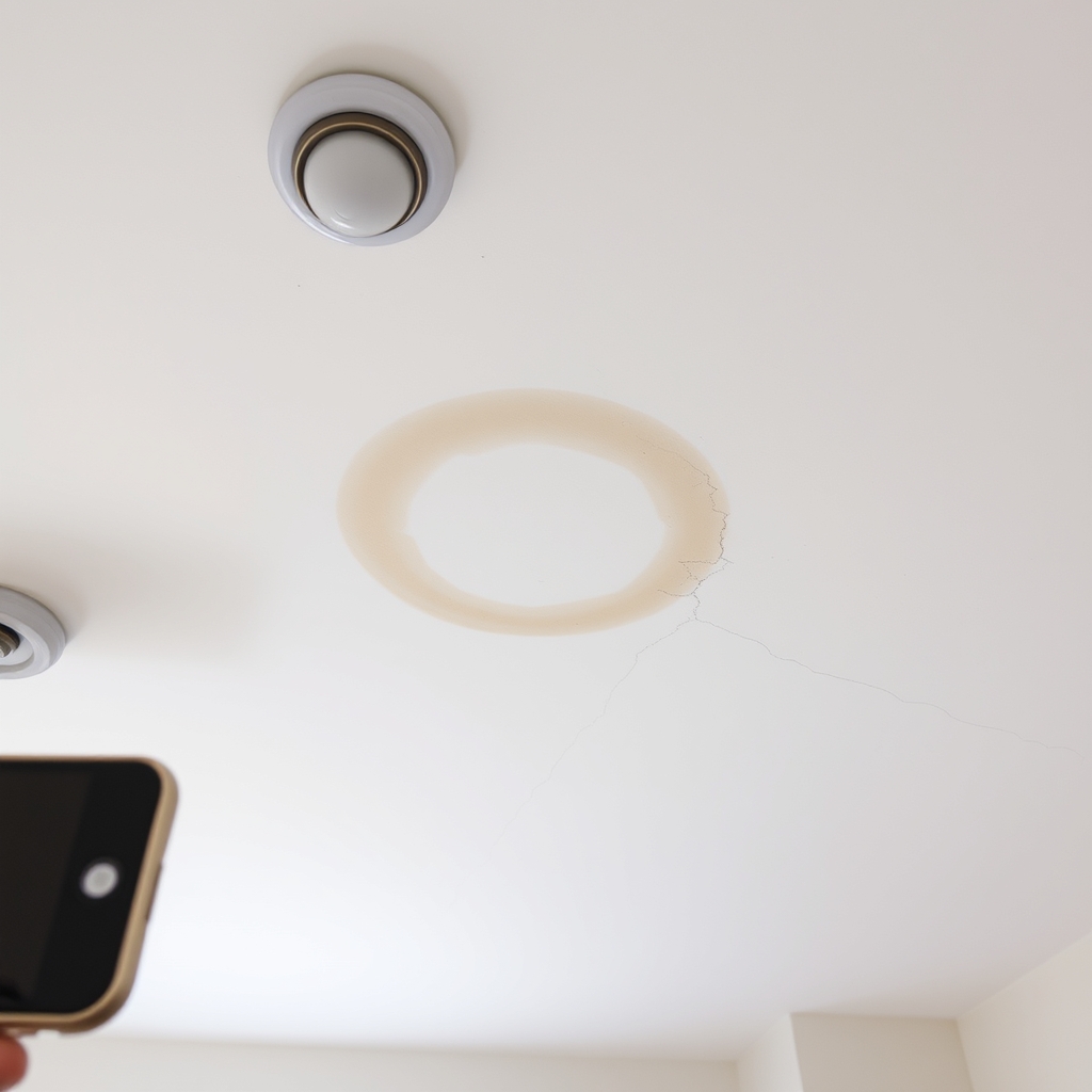Interior water damage showing ceiling stains from roof leak requiring repair