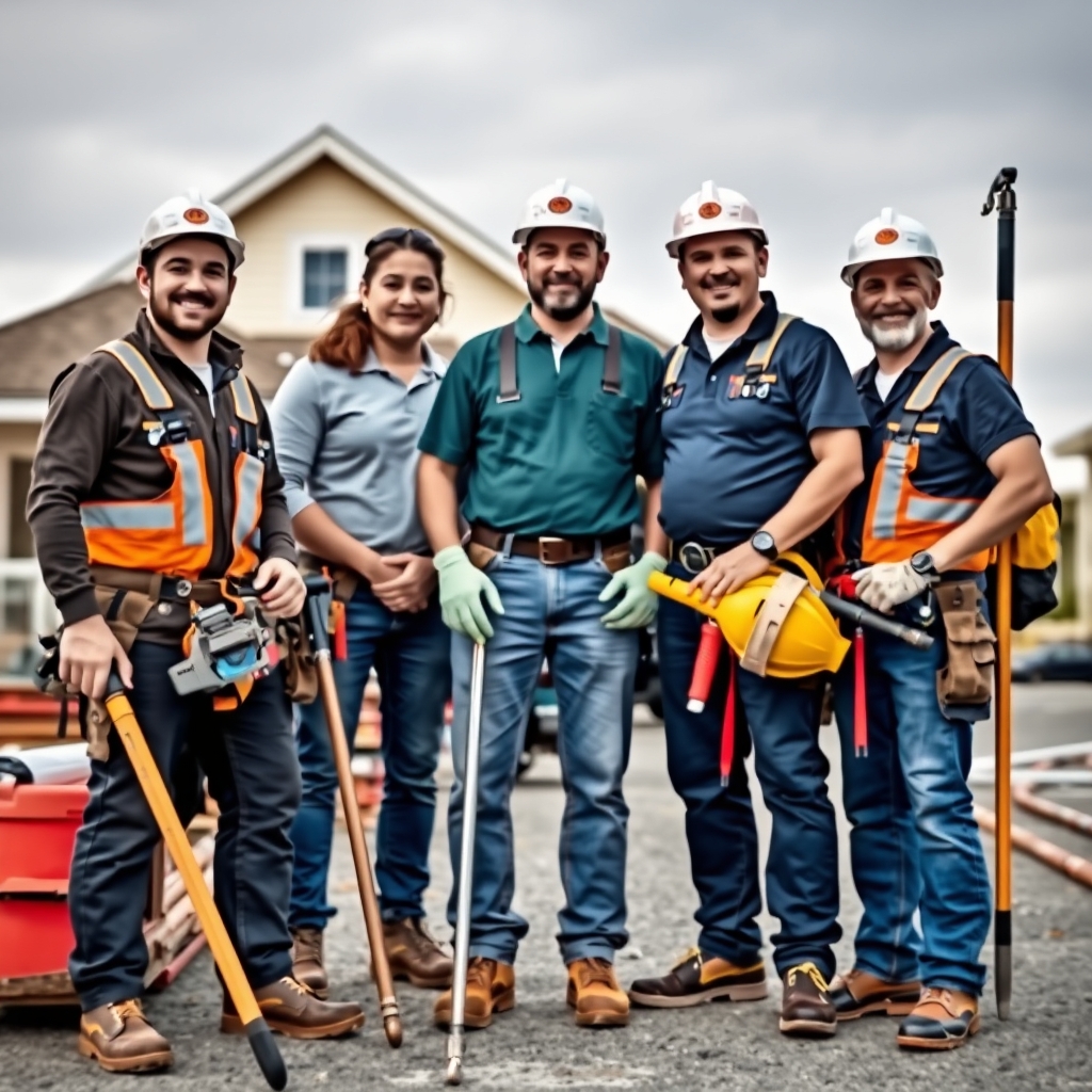Construction team with tools and safety gear at residential job site