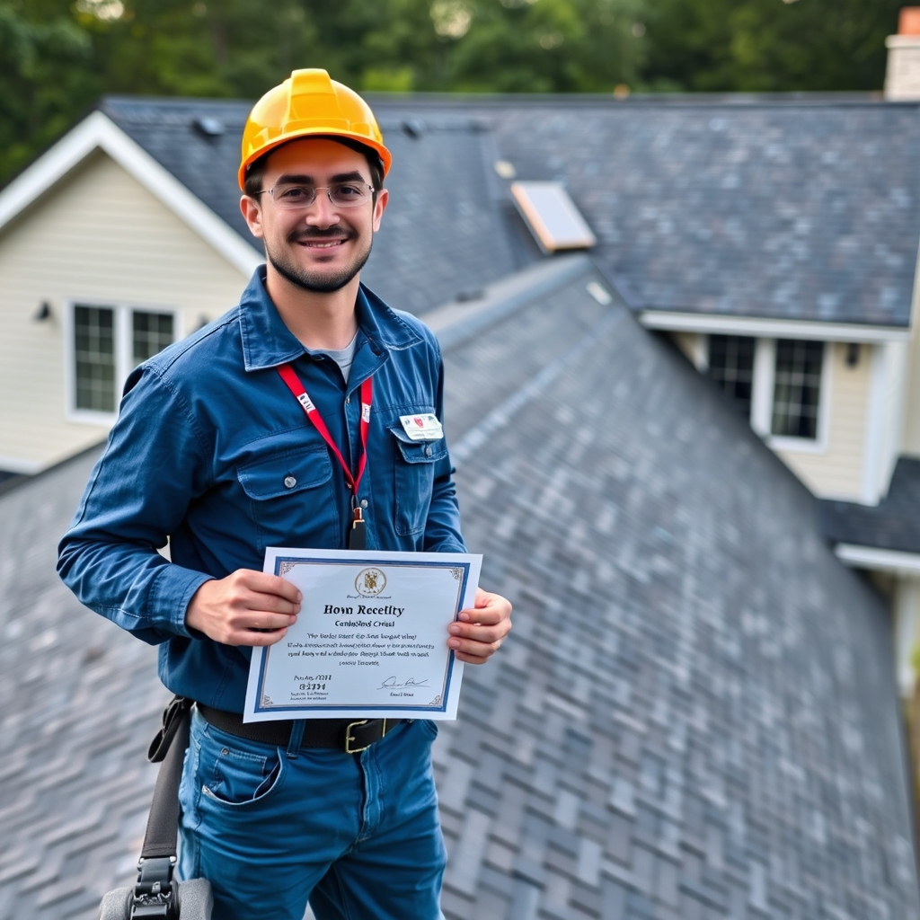 Certified professional roofer on completed roofing project with credentials displayed