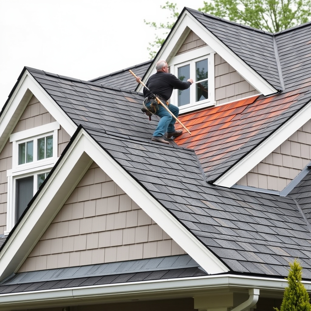 Professional worker installing premium roofing shingles on residential roof with multiple dormers