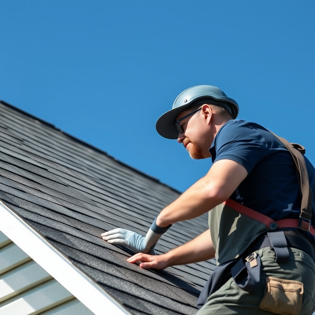 Two construction workers installing roof shingles on a pitched roof