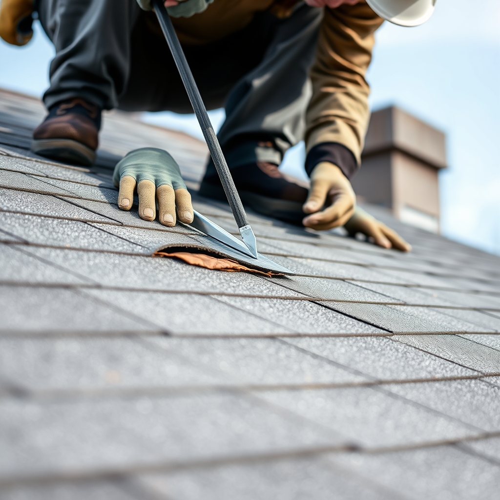 Professional roofer with pry bar removing damaged shingles from residential roof