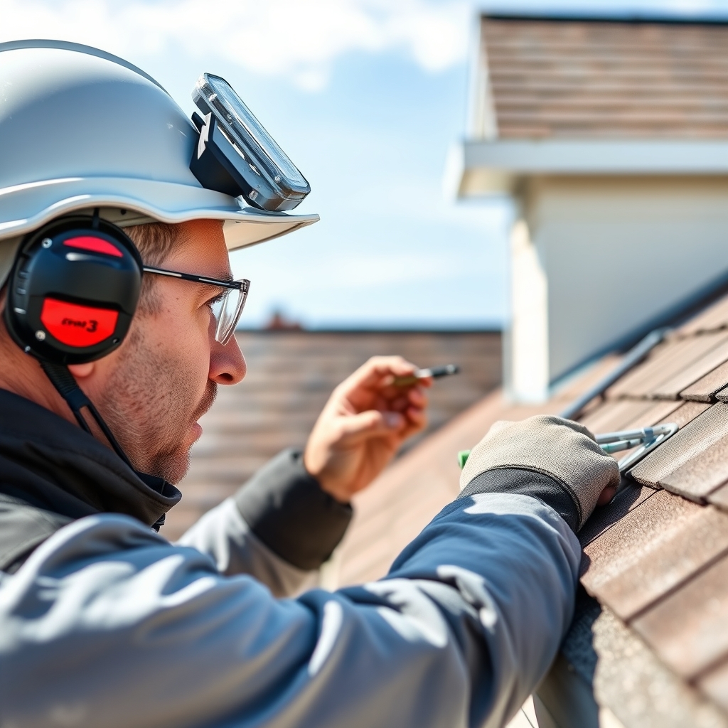 Professional inspector examining roof shingles with safety equipment and tools