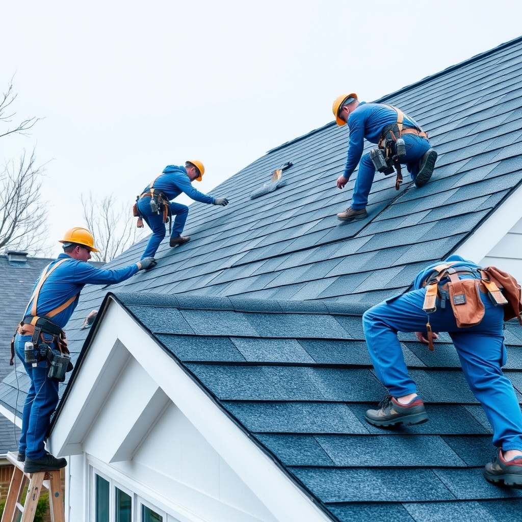 Professional roofers installing new roof shingles and coordinating exterior work on residential home
