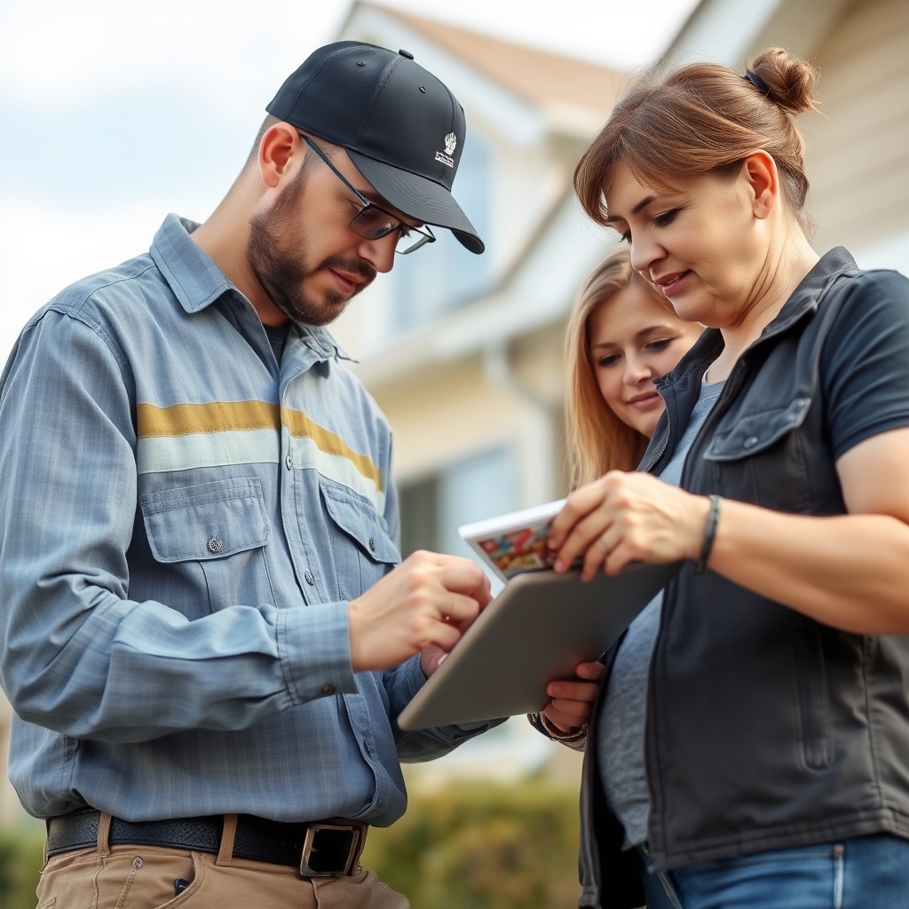 Tradesman and women reviewing tablet outdoors near residential building for roof inspection discussion